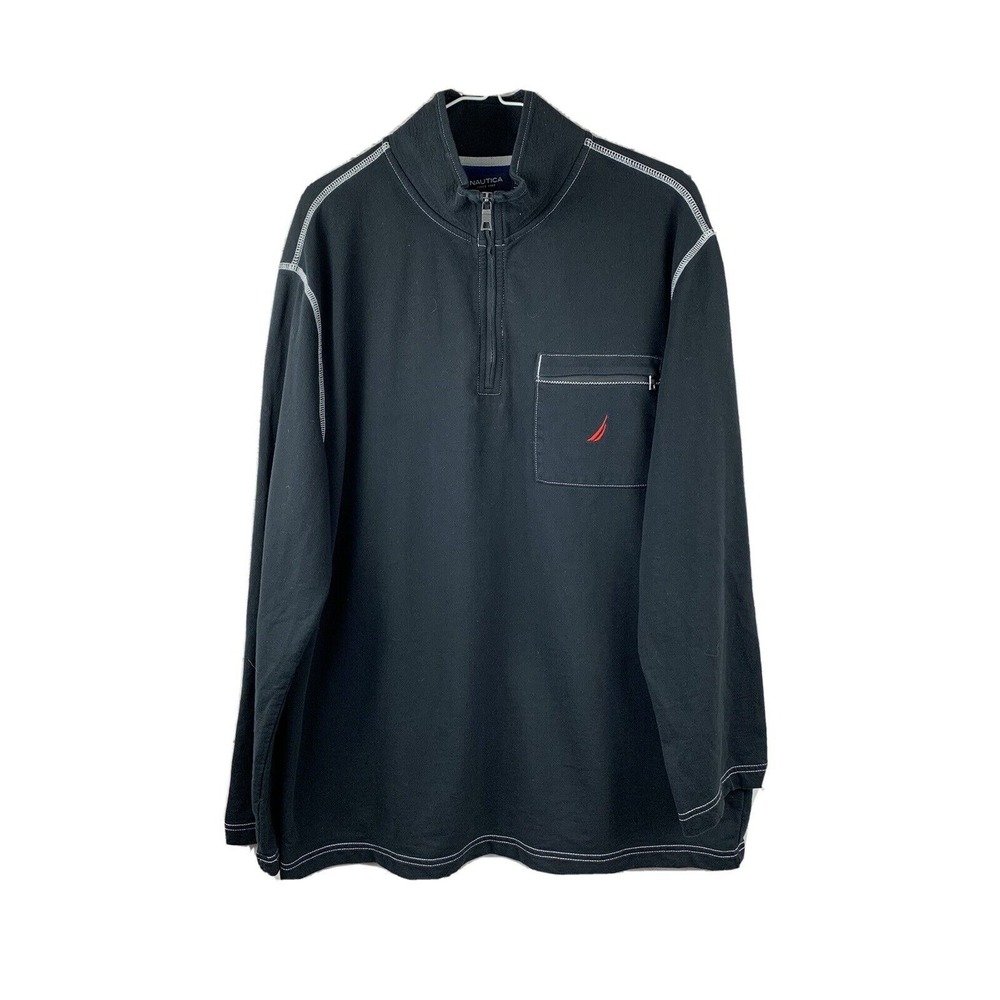 Nautica‎ Pullover Mens L Black Quarter Zip Contrast Stitch Chest Pocket Cotton